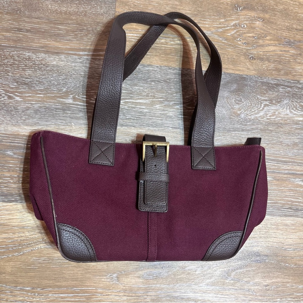 Eddie Bauer Bag Purse Mini Tote Canvas and Leather Purple Snap Closure Shoulder
